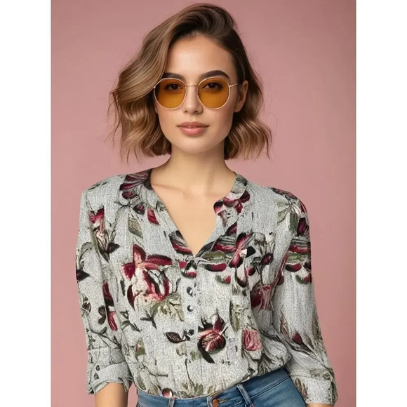 Kim Rogers Women's Size Medium Gray Floral 3/4 Sleeve‎ V-Neck Blouse - Picture 1 of 6